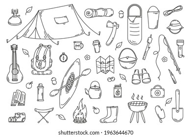 Set of doodles of camping and hiking elements - tent, backpack, map isolated on white background. Perfect for summer camp flyers and posters, labels, sticker set. Vector illustration.