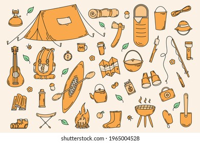Set of doodles of camping and hiking elements - tent, backpack, map isolated on white background. Perfect for summer camp flyers and posters, labels, sticker set. Vector illustration.