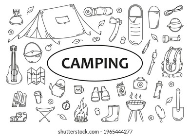 Set of doodles of camping and hiking elements - tent, backpack, map isolated on white background. Perfect for summer camp flyers and posters, labels, sticker set. Vector illustration.