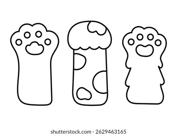 set of doodles cat paws in various gestures, cute animal hand collection flat vector illustration.