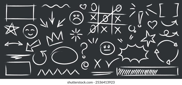 A set of doodles. Chalk drawn arrows, speech bubbles, underlines, hashtags, punctuation marks. Charcoal lines, crosses, flags or tick marks. Brush sketches on a black background.