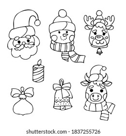 Set of doodles Christmas characters. Black hand contour. Candle, deer, bull, santa claus, bell.
