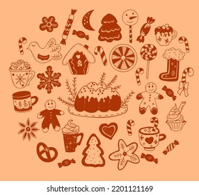 Set doodles Christmas food sweet. Gingerbread house, Christmas gingerbread and caramel stick, creamy dessert and candies, New Years cake, dessert in cup and lollipops. Isolated vector hand drawns.