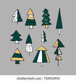 Set doodles of christmas trees. Collection of winter forest. Ornamental trees isolated. Elements hand drawn vector graphic design