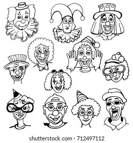 set of doodles of clowns' portraits, black and white, different images and character