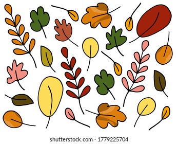 A set of doodles with colorful autumn leaves of different colors. Bright shades of plants on a white background. Isolated elements for the design of posters, postcards, fabrics on autumn themes. 