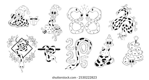 Set of doodles with cute cartoon snakes. Chinese Lunar New Year, symbol of 2025. Wriggling snake in Santa Claus hat. Vector baby illustration