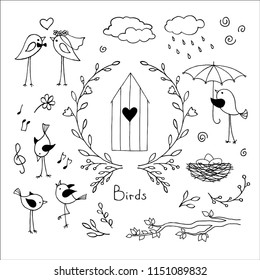 Set of doodles of cute handdrawn birds, twigs and other elements.