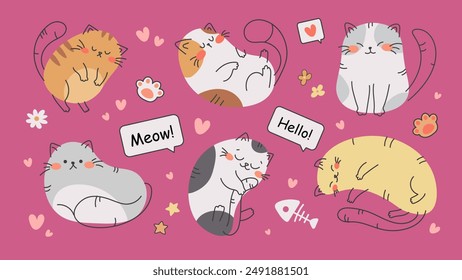 Set of doodles with cute kitties. Kawaii oval cats. Adorable and cute flat vector animals