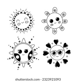 Set of Doodles Cute Smiling Suns Vector Illustration