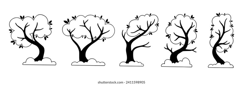 Set of doodles of decorative trees, shrubs.Vector graphics.