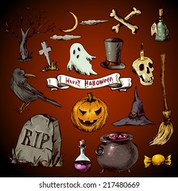 Set of Doodles Design Halloween Elements, Vector Illustration