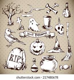 Set of Doodles Design Halloween Elements, Vector Illustration