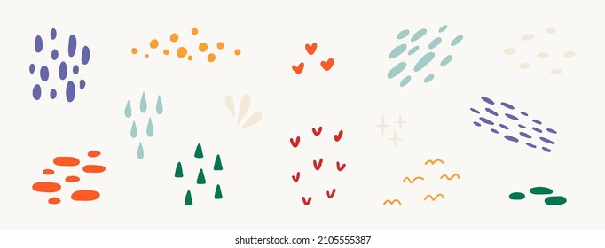 Conjunto de garabatos, puntos, guiones, golpes. Formas de doodle dibujadas a mano. Ilustración moderna y moderna Vector. Afiches, plantillas de iconos de medios sociales. Aislado sobre fondo blanco