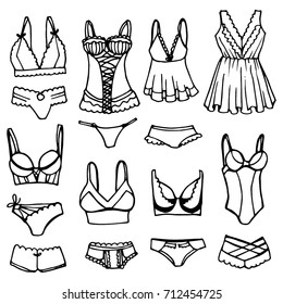 set of doodles. drawing by hand, black and white. lingerie simple and with decor, beginnings, panties, bra
