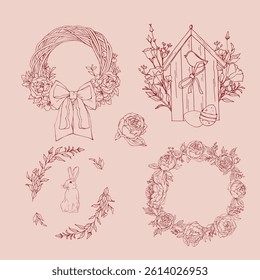 Set of doodles easter flowers on a pink background