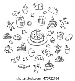 Set doodles elements bakery and desserts.