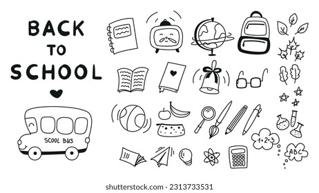 set of doodles elements for school, doodle school, school theme, school doodles, inscription in a notebook, training, lessons, time for training, set of education icons