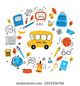 : set of doodles elements for school, doodle school, school theme, school doodles, inscription in a notebook, training, lessons, time for training, set of education icons