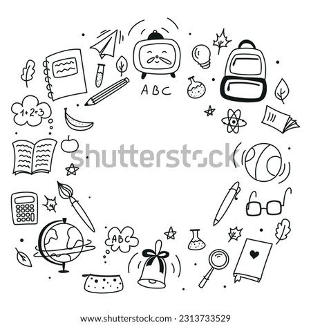 set of doodles elements for school, doodle school, school theme, school doodles, inscription in a notebook, training, lessons, time for training, set of education icons