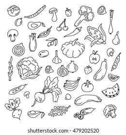 Set doodles elements vegetables and fruits. Vegetarian food