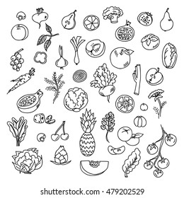 Set doodles elements vegetables and fruits. Vegetarian food
