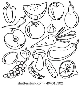 Set doodles elements vegetables and fruits. Vegetarian food