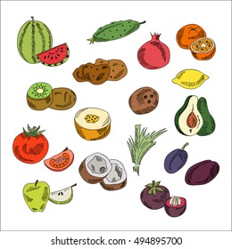 Set doodles elements vegetables and fruits. Vegetarian food