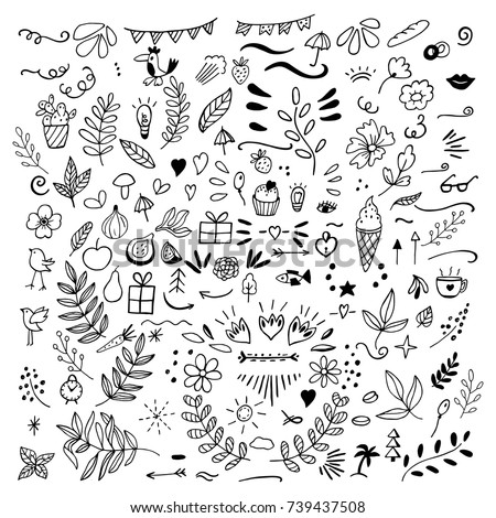Set of doodles of floral, fruits, arrows, flowers, birds, things for home, eat. Vector illustration