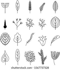 Set of doodles of flowers and grass. Vector illustration.Monochrome