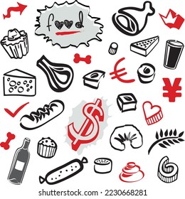 Set of Doodles - Food Elements and Objects Black and Red Bottle, Wine and Pastries