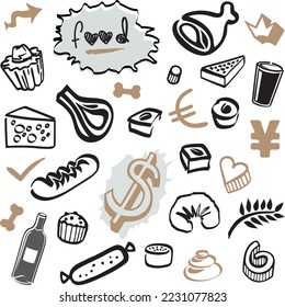 Set of Doodles - Food Elements and Objects Black and Beige Sand Bottle, Wine and Pastries