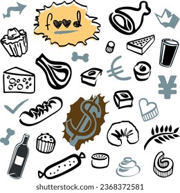 Set of Doodles - Food Elements and Objects Bottle, Wine and Pastries