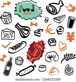 Set of Doodles - Food Elements and Objects Bottle, Wine and Pastries