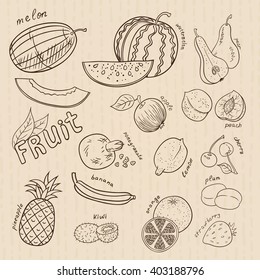 Set of doodles fruits. Outline. 