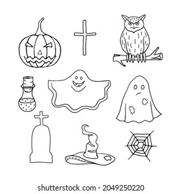Set of doodles for Halloween - a cross, a tombstone, a wizard's hat, a spider's web, an owl on a branch, a pumpkin, a cheerful and sad ghost. Vector elements for design. 
