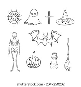 Set of doodles for Halloween - a cross, a wizard's hat, a spider web, a bat, a pumpkin, a ghost, a skeleton, a witch's broom. Vector elements for design.