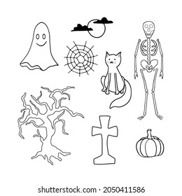 Set of doodles for Halloween. Ghost, spider web, moon with clouds, cat, skeleton, old tree, tombstone, cross, pumpkin. Vector elements for design.