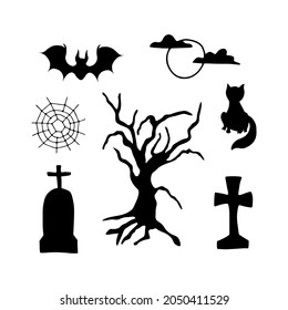 Set of doodles for Halloween. Spider web, moon with clouds, cat, old tree, tombstone, cross, pumpkin, bat. Vector elements for design.