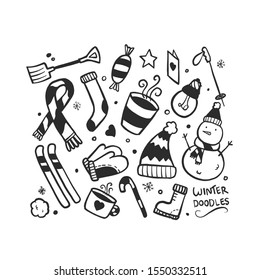 Set of Doodles Hand Draw Winter Vector Illustration. Snowman