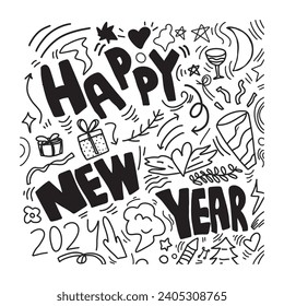 set of doodles hand drawn happy new year element