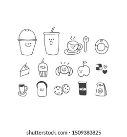 Set of doodles, hand drawn rough simple sketches, various kinds of coffee.