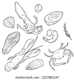 Set of doodles, hand drawn rough simple seafood theme sketches. Vector set isolated on white background.