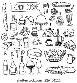 Set of doodles, hand drawn rough simple french cuisine food sketches. Isolated on white background