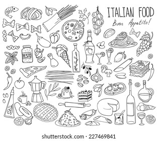 Set of doodles, hand drawn rough simple Italian cuisine food sketches. Isolated on white background