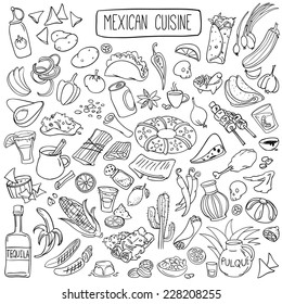 Set of doodles, hand drawn rough simple mexican cuisine food sketches. Isolated on white background