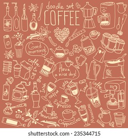 Set of doodles, hand drawn rough simple sketches, various kinds of coffee, ingredients and devices for coffee making. Vector isolated on brown background for cafe menu, fliers, chalkboard