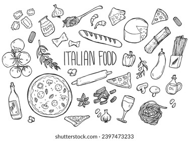 Set of doodles, hand drawn rough simple Italian cuisine food sketches. Isolated on white background