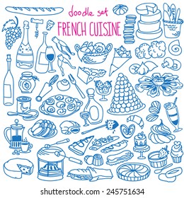 Set of doodles, hand drawn rough simple French cuisine food sketches. Different kinds of main dishes, desserts, beverages. Vector set isolated on white background for cafe menu, fliers, chalkboard