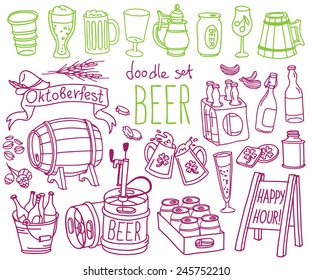 Set of doodles, hand drawn rough simple beer and brewery themed sketches. Vector isolated on white background for cafe menu, fliers, chalkboard